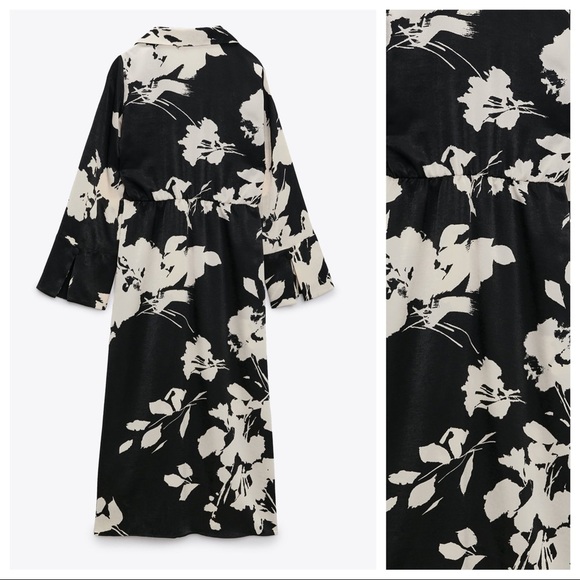 NWT. Zara Black/Cream Satin Effect Floral Print Midi Dress. Size S. - Picture 7 of 11